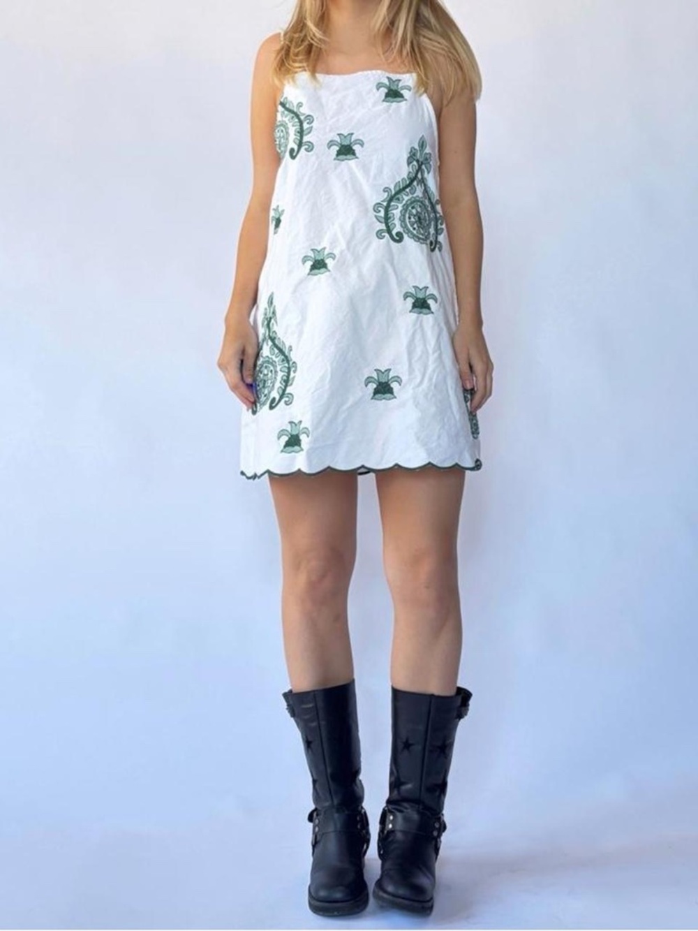 Zara Embroidered Mini Dress White & Green Boho Medium